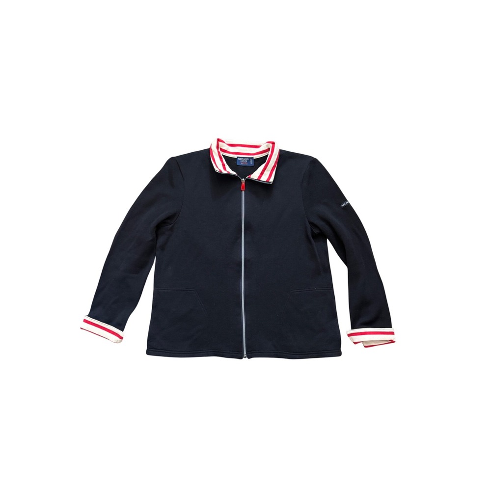 Saint James L'Atelier Navy Blue Full Zip Cardigan Sweater Striped Trim France 8
